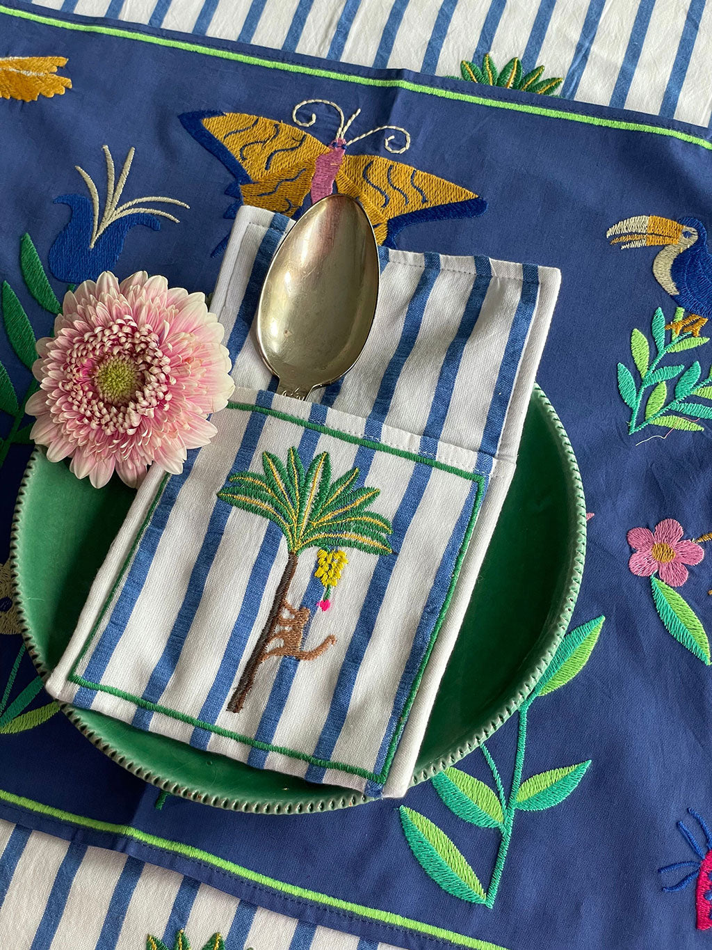 Cutlery Pocket Palm on Blue Stripes