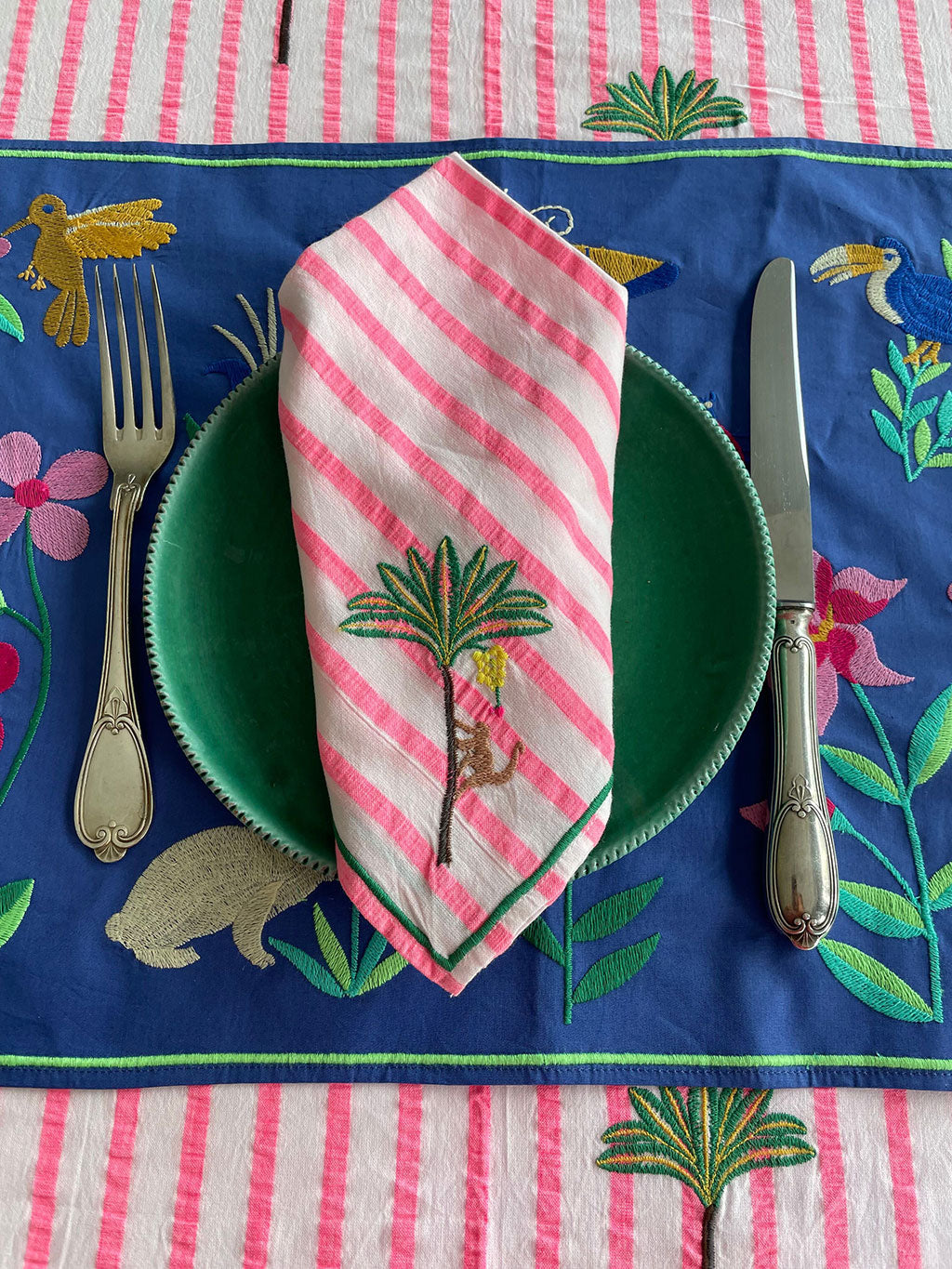 Napkin Palm on Pink Stripes