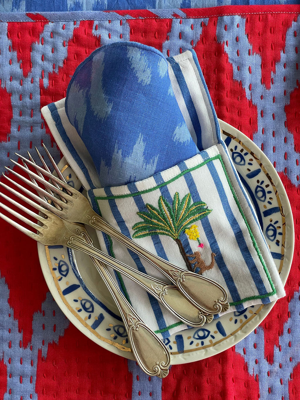 Cutlery Pocket Palm on Blue Stripes