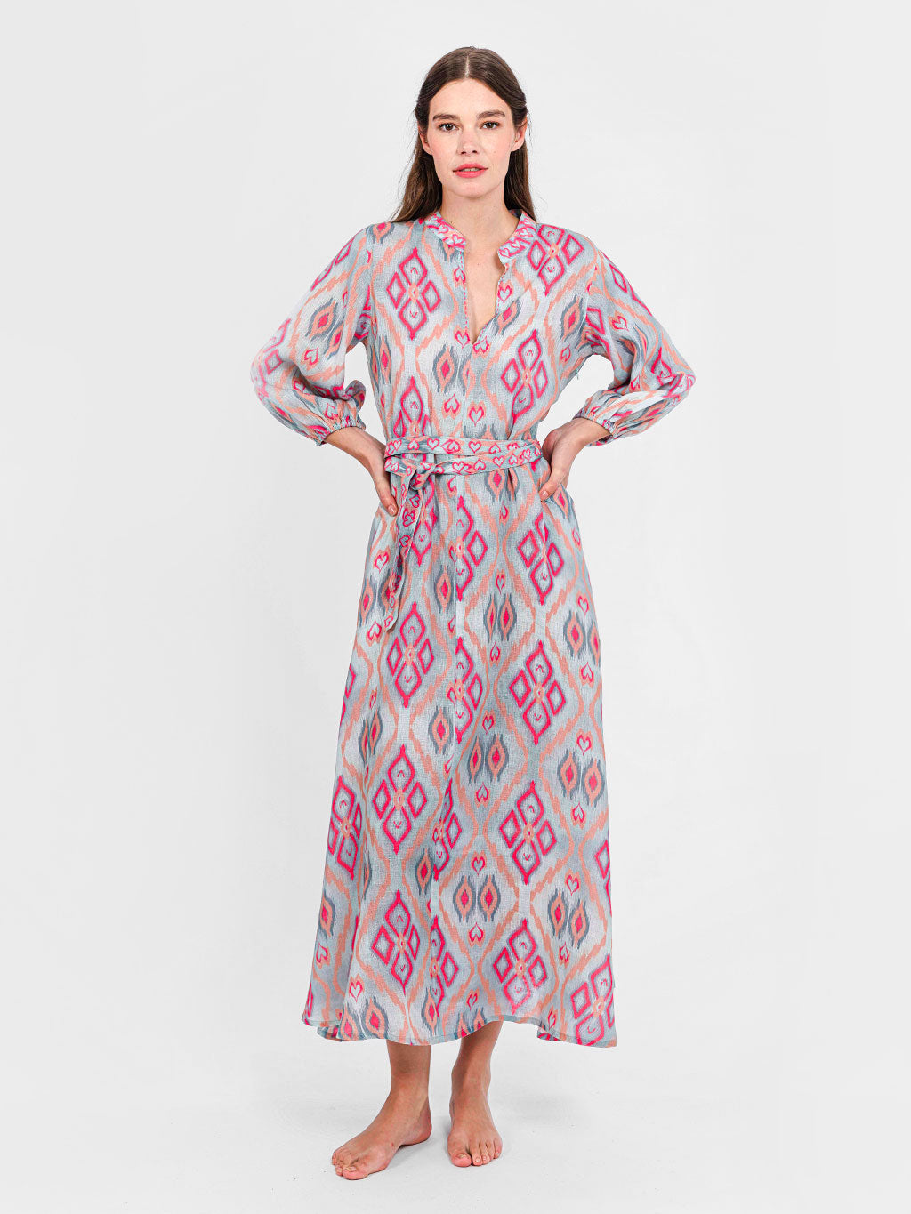 Ankle-length Marigold dress by Nimo With Love in ikat sorbet linen featuring a relaxed silhouette.