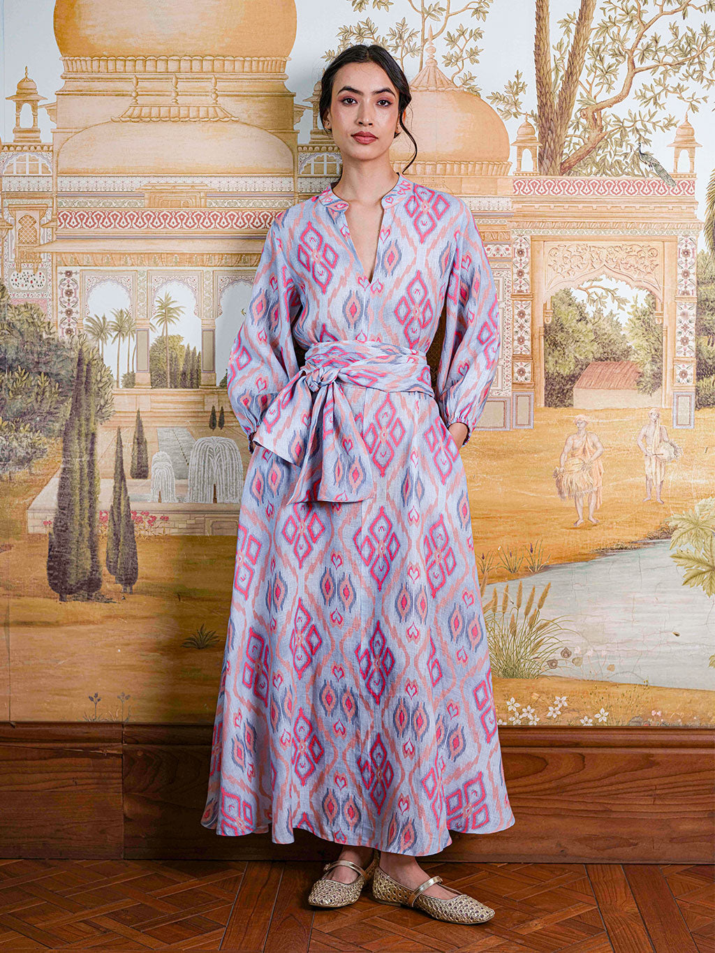 Model wearing the Marigold dress styled with the oversized Scarf Belt Ikat Sorbet for a cinched waist.