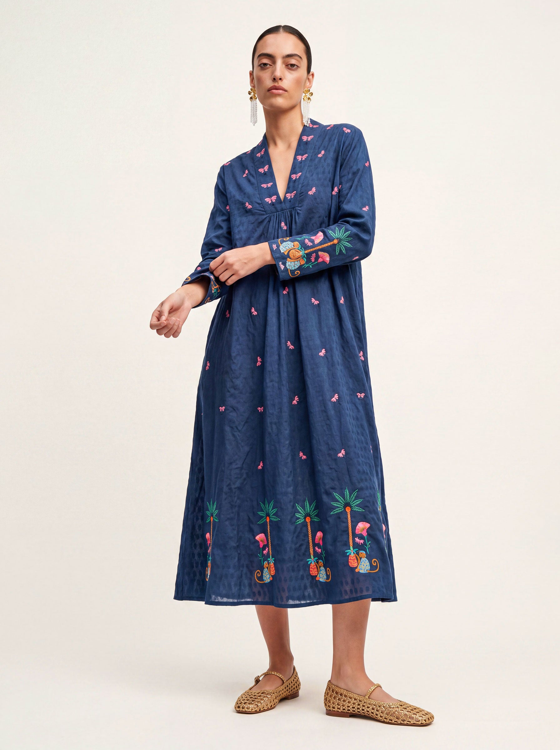 Sandalwood Dress Monkey Embroidery on Navy
