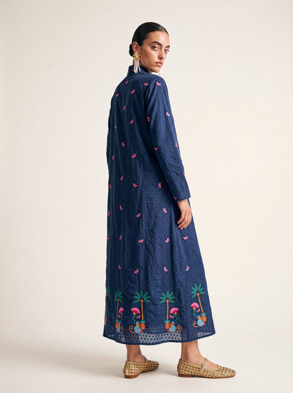 Sandalwood Dress Monkey Embroidery on Navy