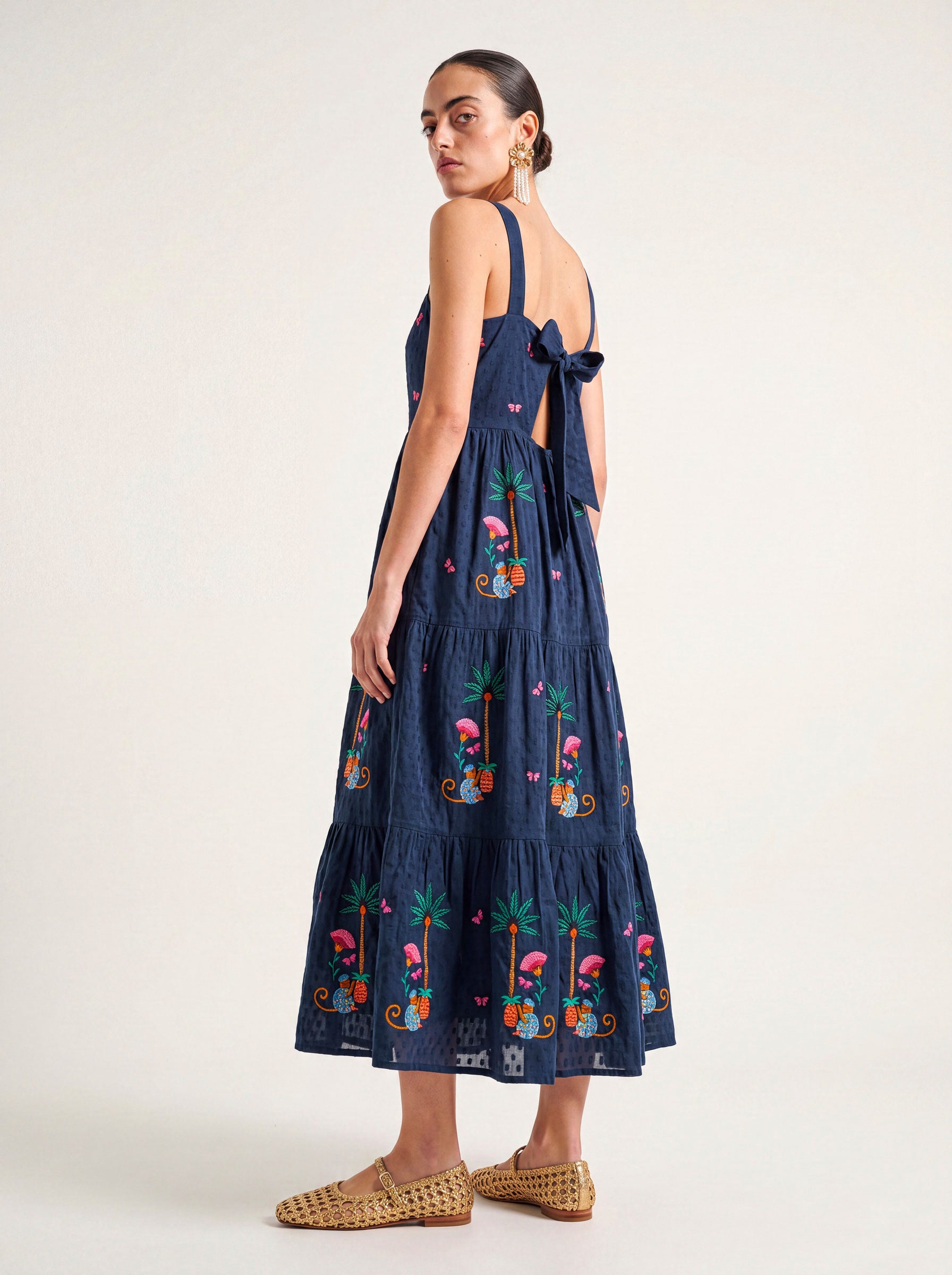 Cornflower Dress Monkey Embroidery on Navy