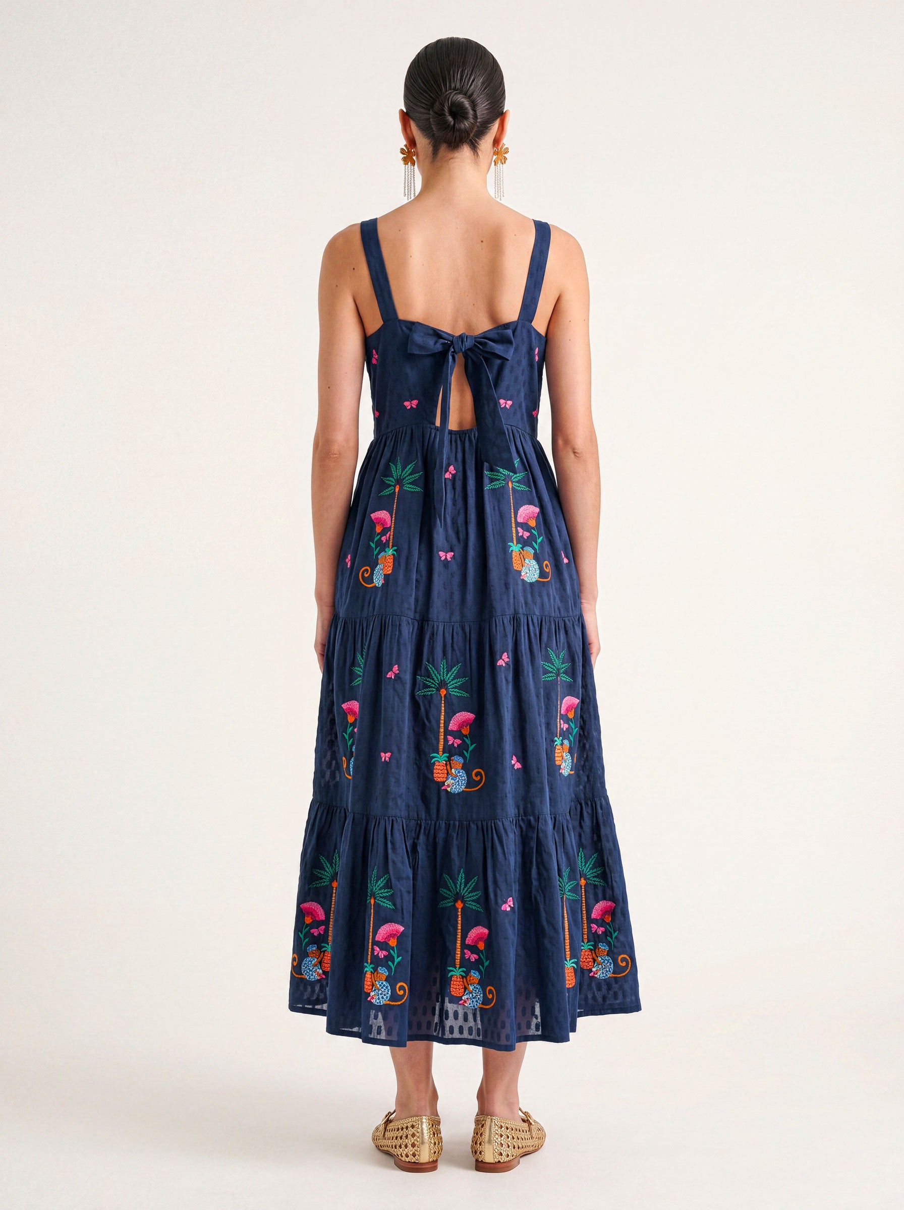 Cornflower Dress Monkey Embroidery on Navy