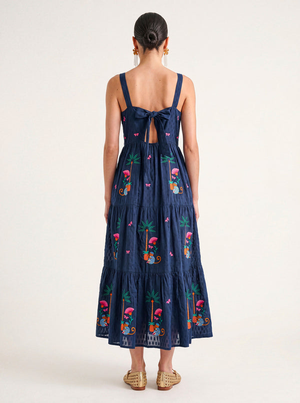Cornflower Dress Monkey Embroidery on Navy