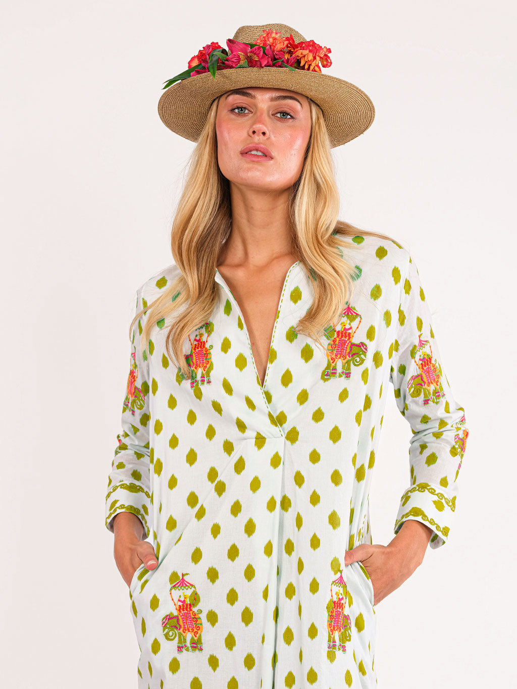 Amethyst Kaftan Dots Green Elephant Emboidery