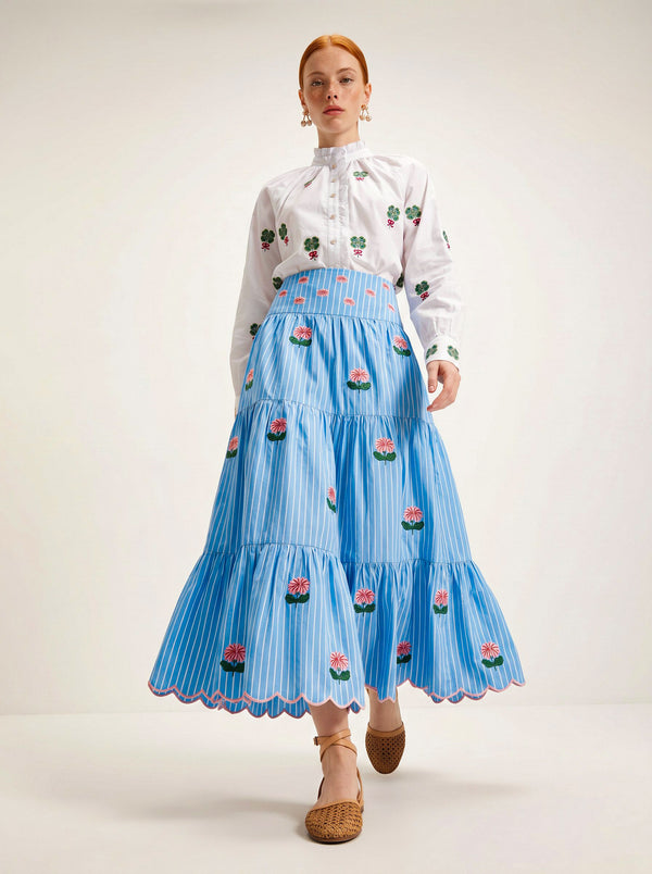Blue Monkswood Skirt Blue Stripes Flower Embroidery