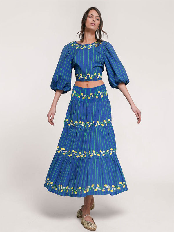 NIMO x CASA PERNICE Blue Skirt Lemon Embroidery