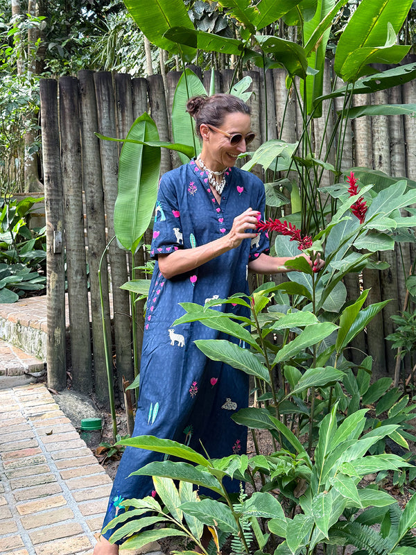 Cassia Dress Little Jungle Embroidery on Navy