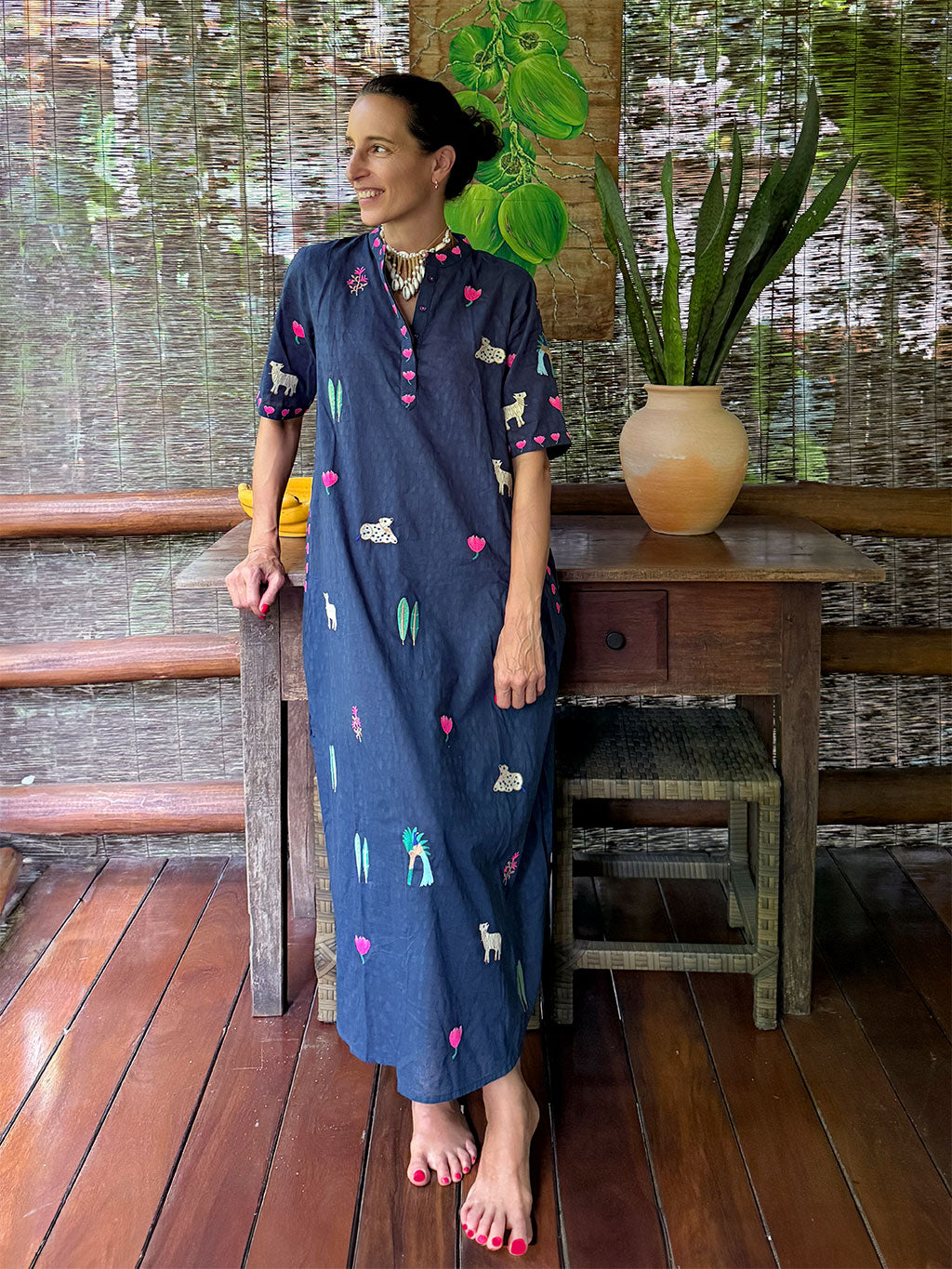 Cassia Dress Littel Jungle Embroidery on Navy