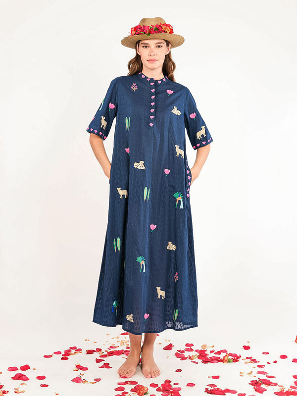 Cassia Dress Little Jungle Embroidery on Navy