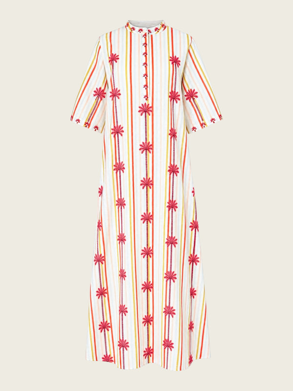 Cassia Dress Stripes Brazil Palm Embroidery