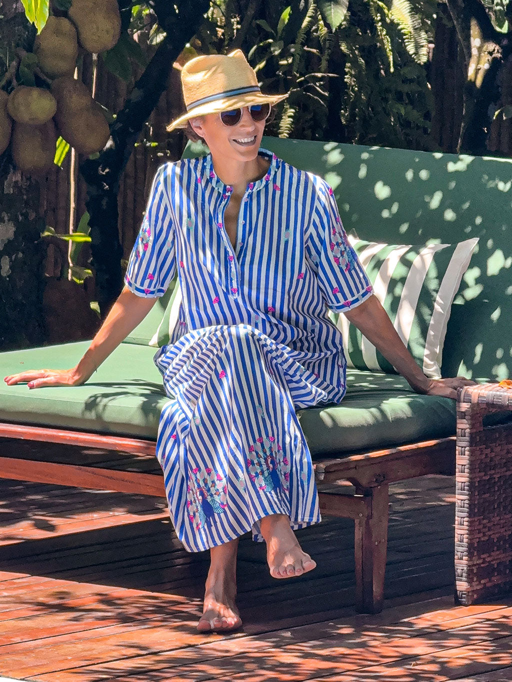 Cassia Dress Blue Stripes Peacock Embroidery