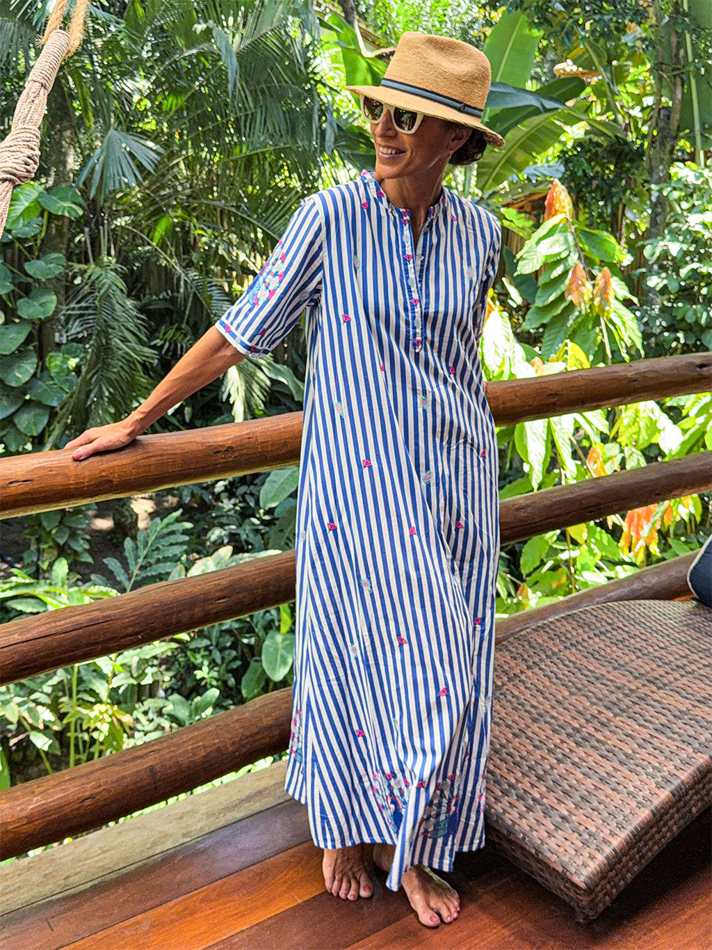 Cassia Dress Blue Stripes Peacock Embroidery