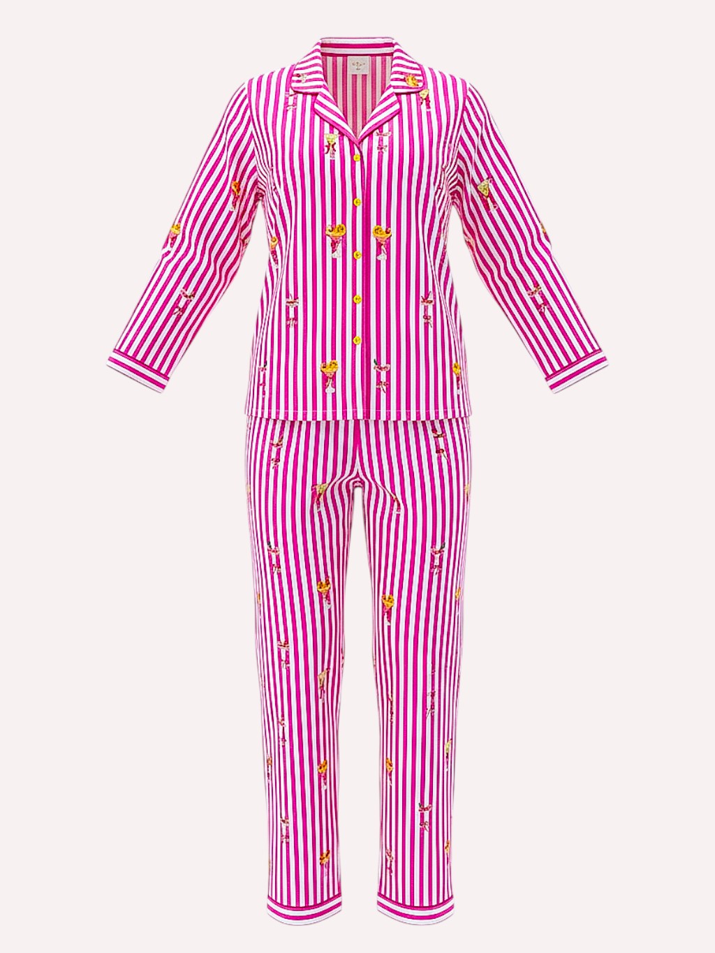 A two-piece pajama set featuring a luxury Nimo With Love long-sleeve button-up top and matching pants, both decorated with vertical pink and white stripes and small yellow cartoon character prints, shown against a light off-white background.