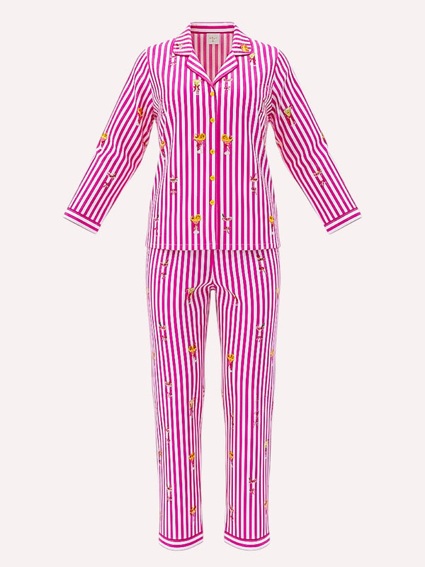 A two-piece pajama set featuring a luxury Nimo With Love long-sleeve button-up top and matching pants, both decorated with vertical pink and white stripes and small yellow cartoon character prints, shown against a light off-white background.