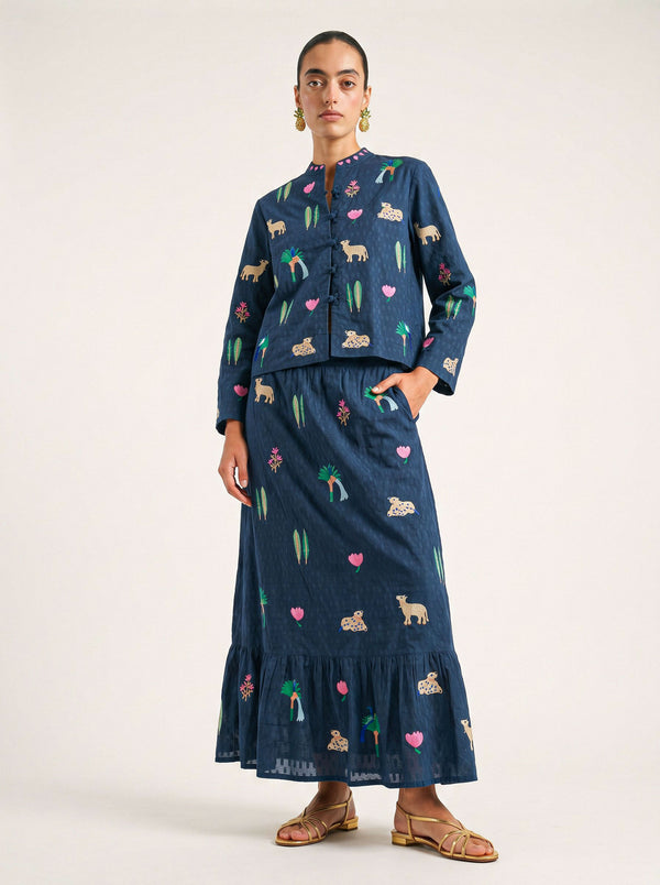 Goldenseal Skirt Little Jungle Embroidery on Navy