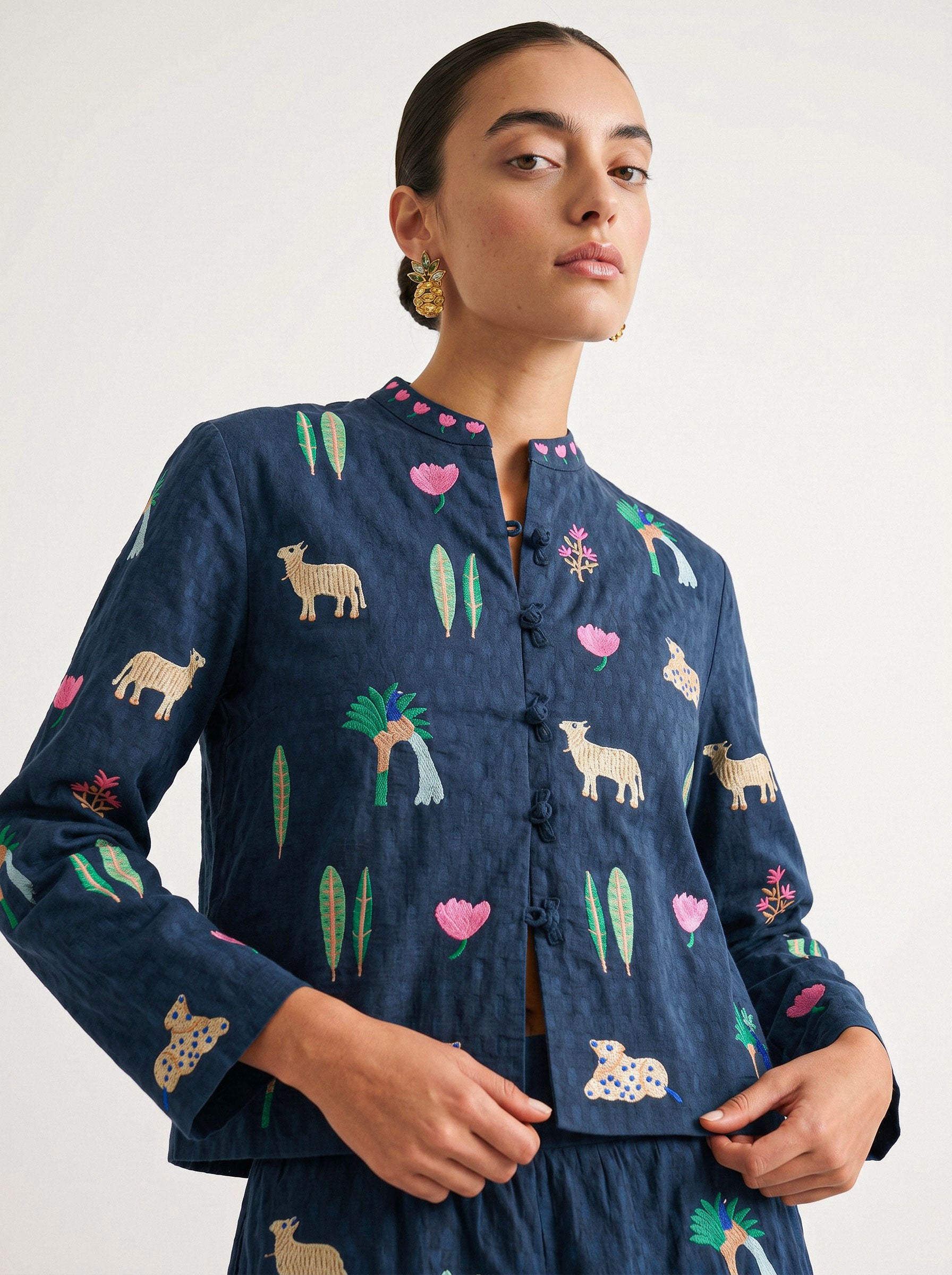 Comfrey Jacket  Little Jungle Embroidery on Navy