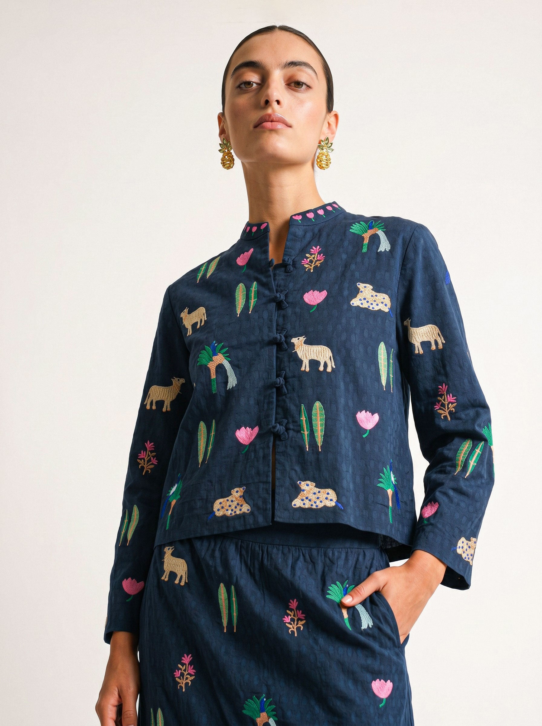 Comfrey Jacket  Little Jungle Embroidery on Navy