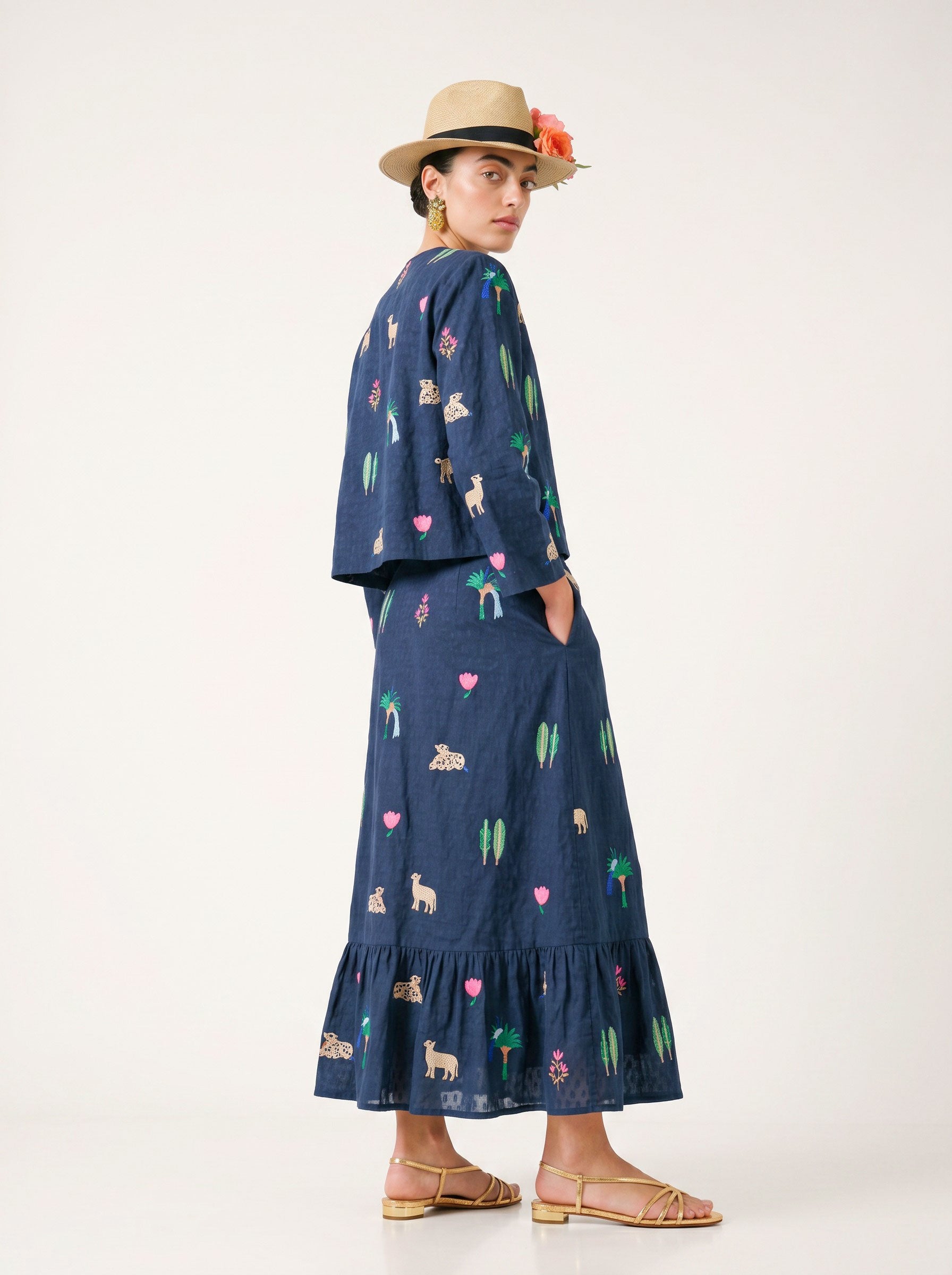 Goldenseal Skirt Little Jungle Embroidery on Navy