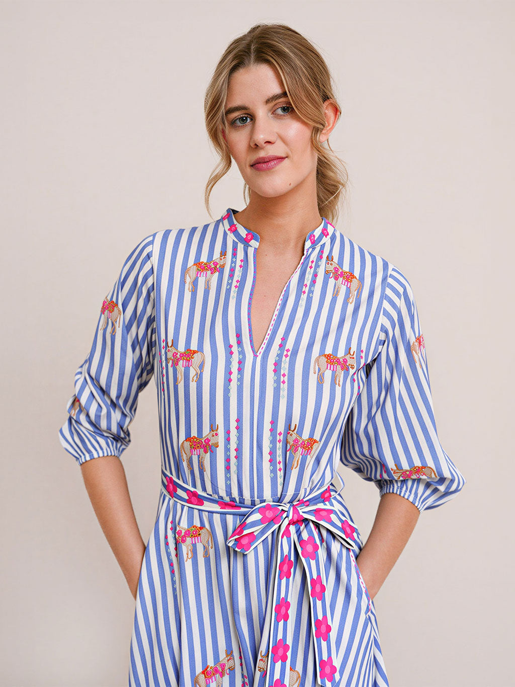 Marigold Dress Donkey on Blue Stripes