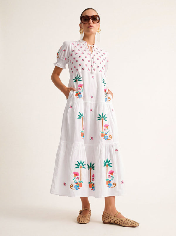 Flaming Katy Dress Monkey Embroidery on White