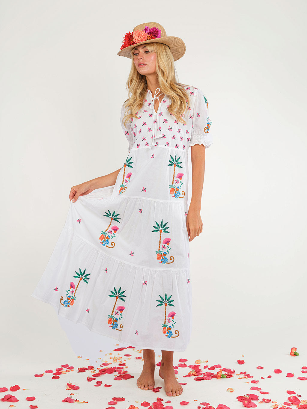 Flaming Katy Dress Monkey Embroidery on White