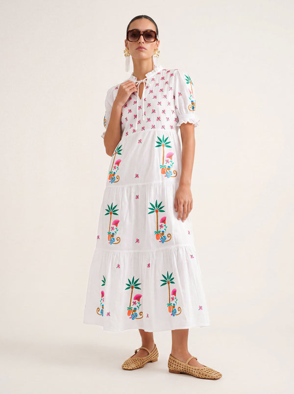 Flaming Katy Dress Monkey Embroidery on White