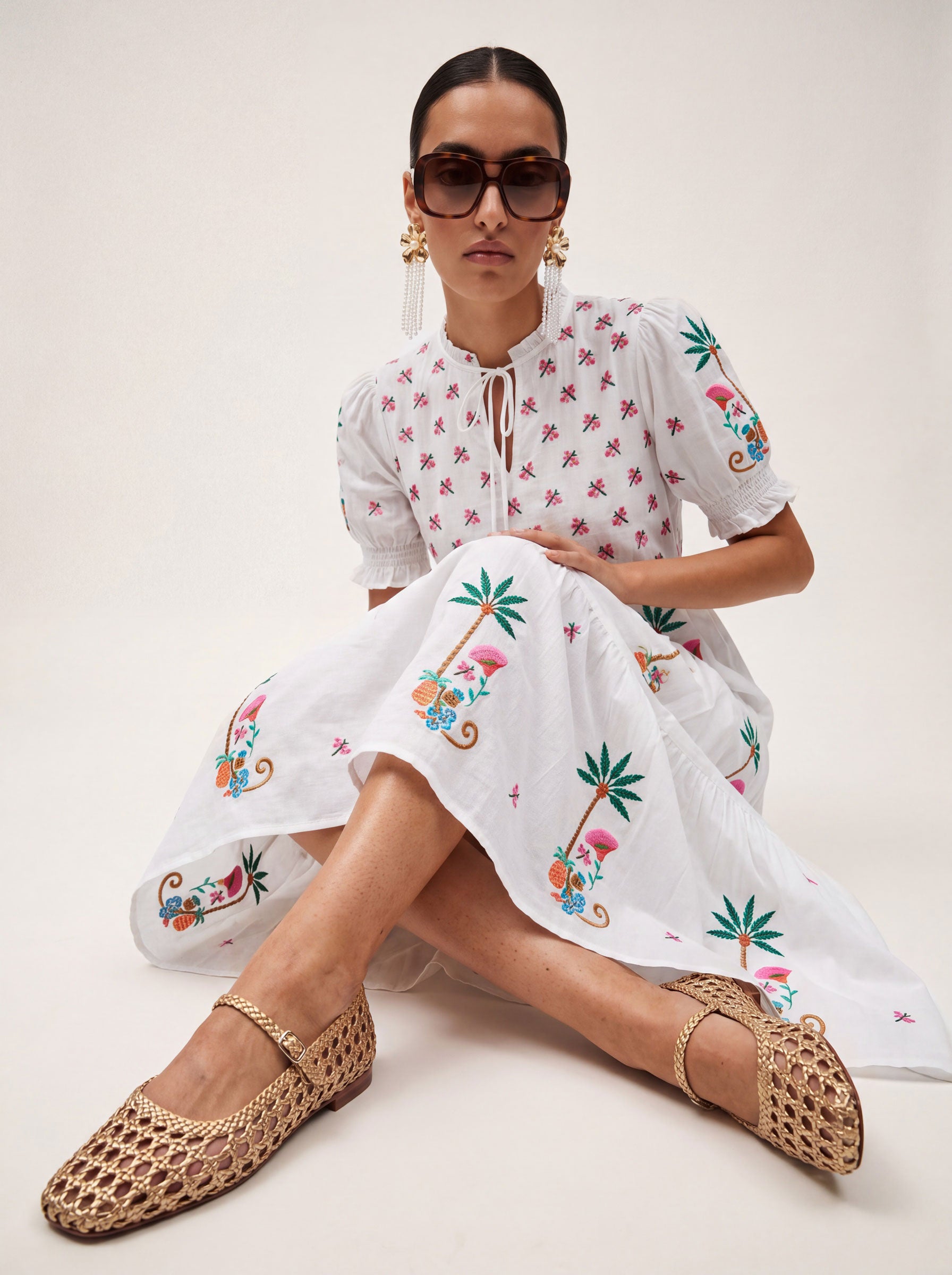 Flaming Katy Dress Monkey Embroidery on White