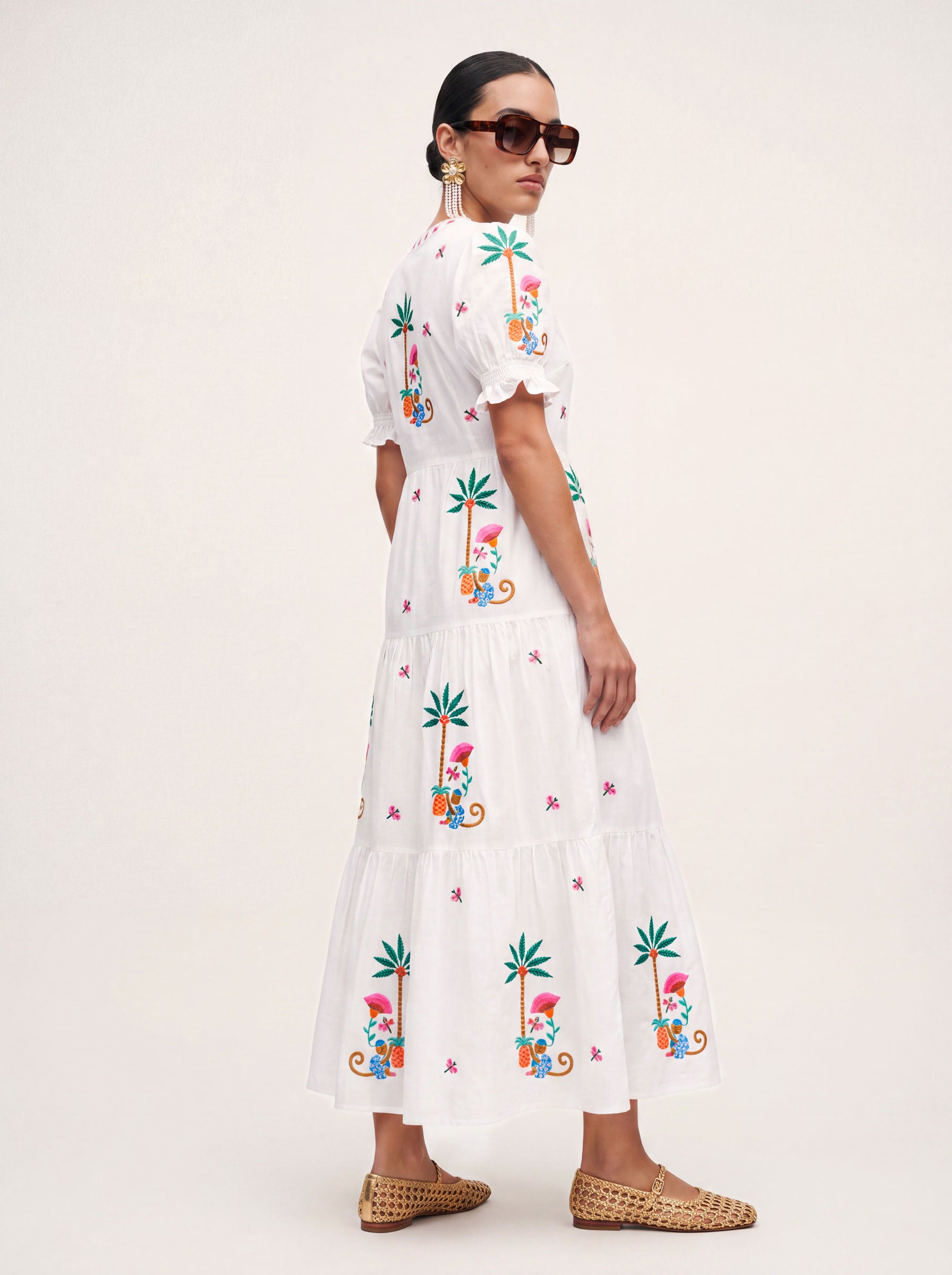Flaming Katy Dress Monkey Embroidery on White