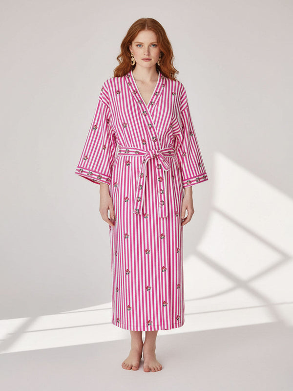 Flowers On Pink Stripes Kimono