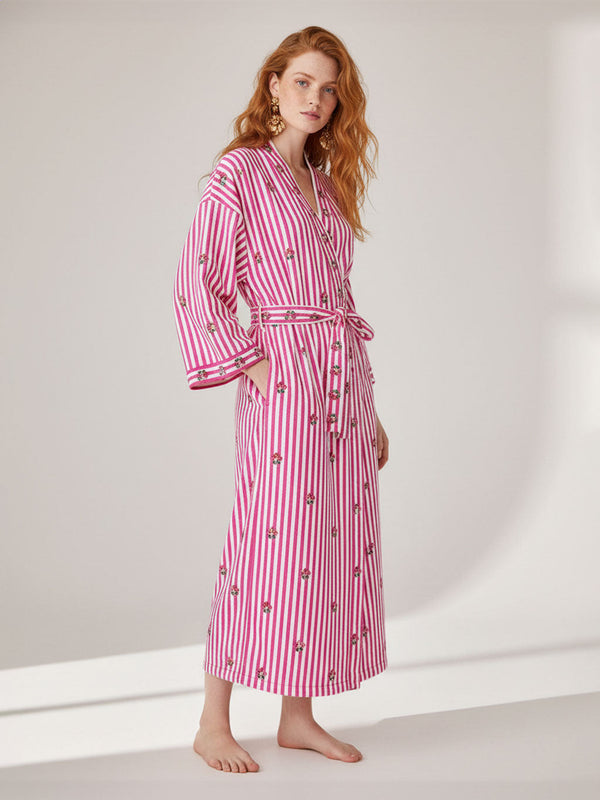 Flowers On Pink Stripes Kimono