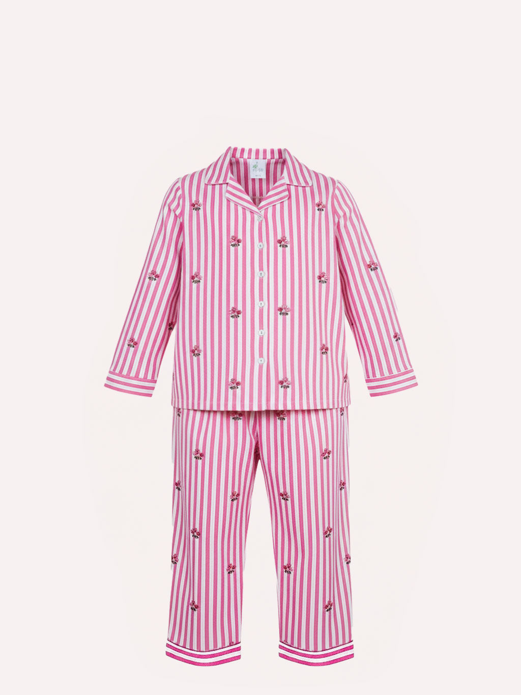 a luxury Nimo With Love two-piece children's pajama set featuring pink and white vertical stripes with small embroidered floral motifs, shown against a plain off-white background.