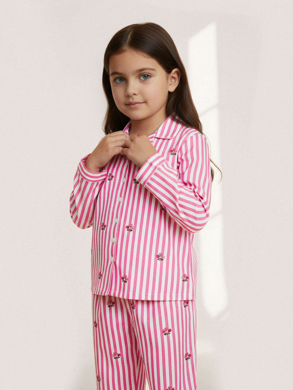A young girl with long brown hair wearing a luxury Nimo With Love pink and white vertically striped pajama set with small embroidered floral details, posing against a light beige background.