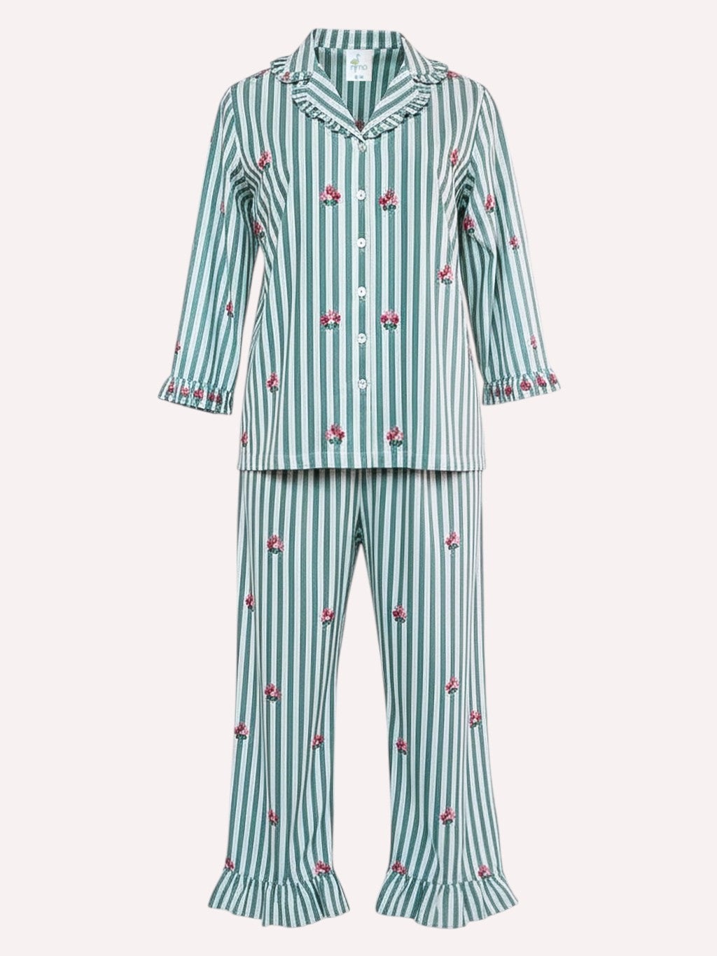 a luxury Nimo With Love two-piece pajama set featuring a long-sleeve button-front top and matching pants, both with vertical mint green and white stripes and small pink floral embroidery, shown on a plain light background.