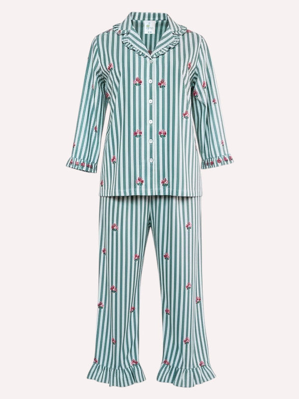 a luxury Nimo With Love two-piece pajama set featuring a long-sleeve button-front top and matching pants, both with vertical mint green and white stripes and small pink floral embroidery, shown on a plain light background.