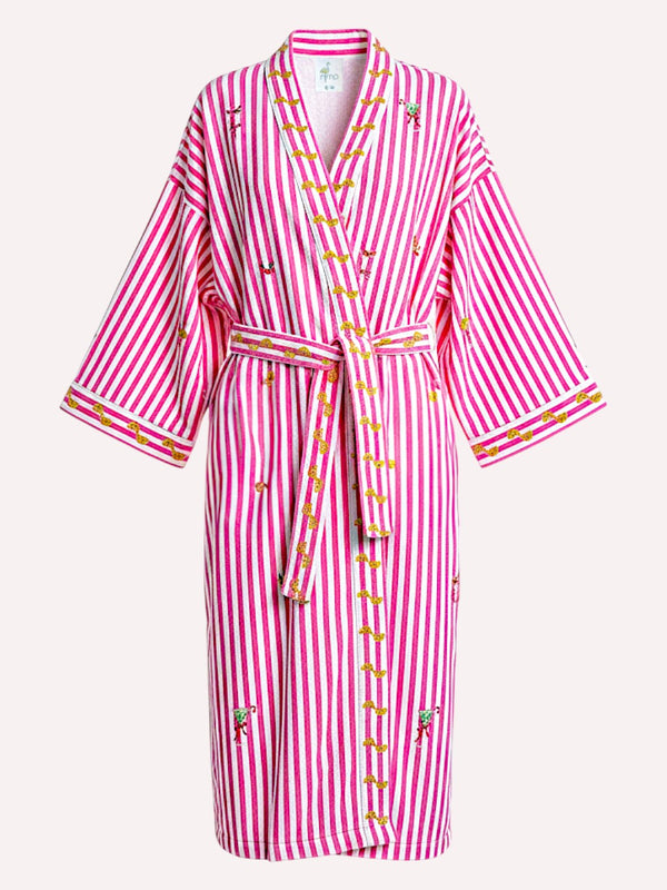 A luxury Nimo With Love pink and white vertically striped kimono-style robe with a tie belt, decorated with small embroidered yellow and green motifs, shown against a light off-white background.
