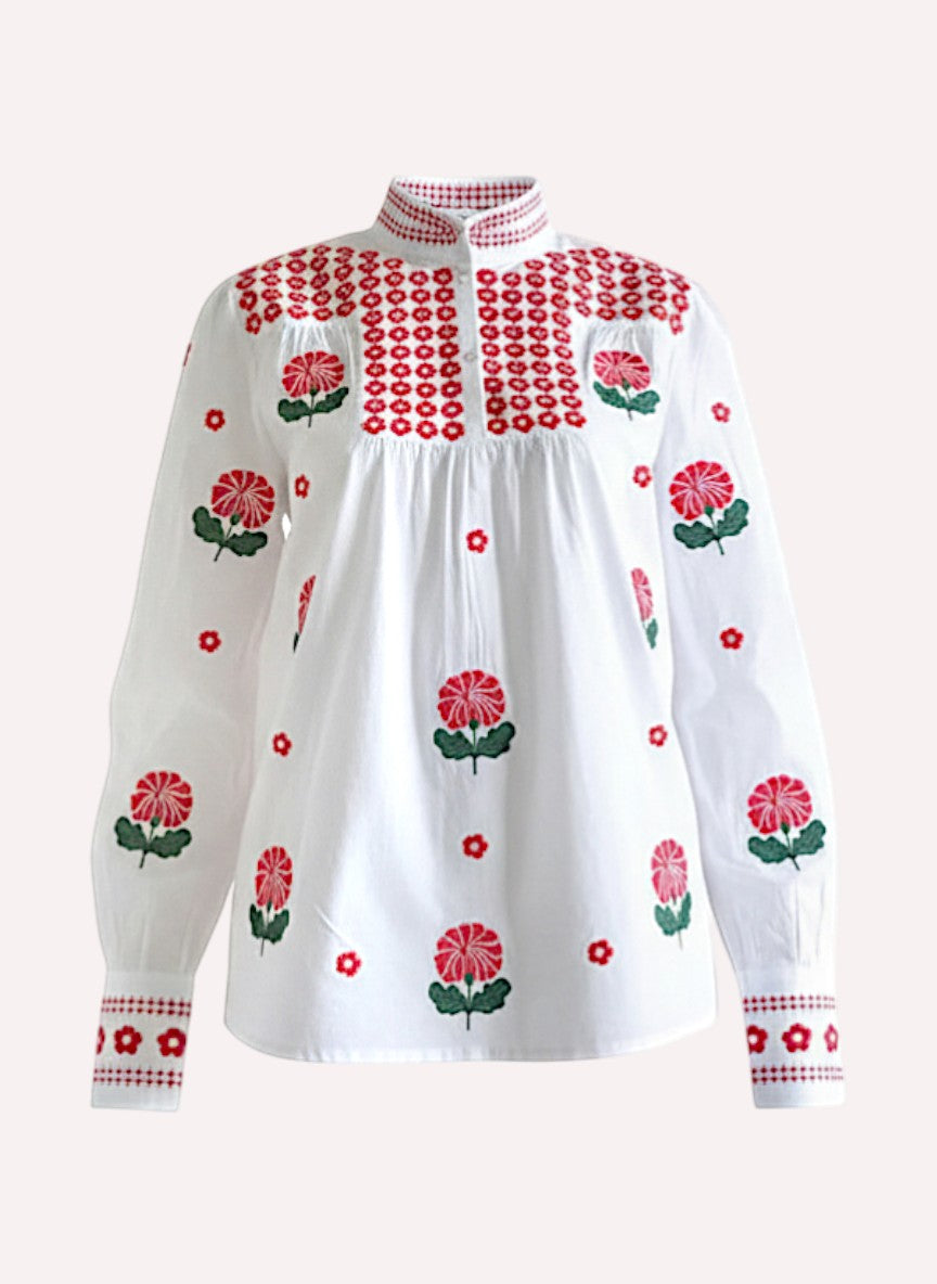 Juniper Berry Blouse Red Flower Embroidery on White