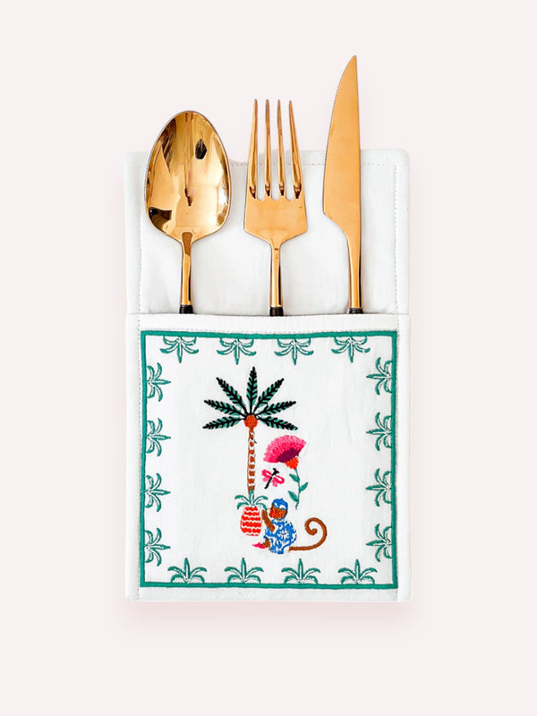 Cutlery Bag Monkey Embroidery On White