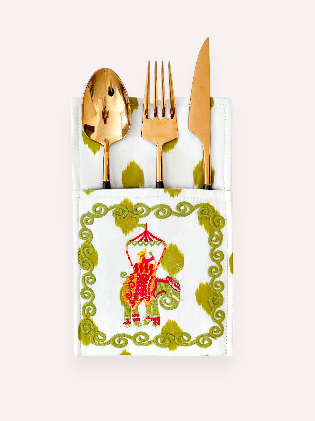 Cutlery Bag Dots Green Elephant Embroidery