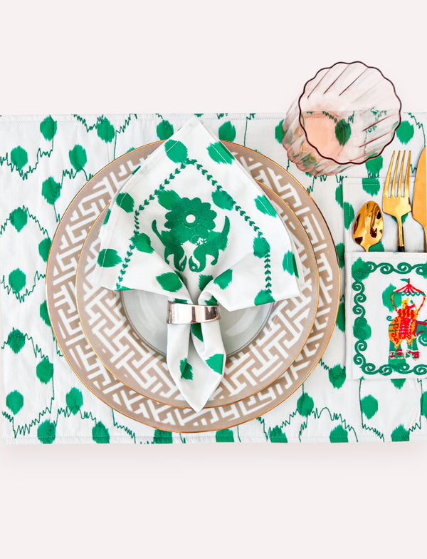 Napkin Dots Emerald Gujarat Birds Embroidery