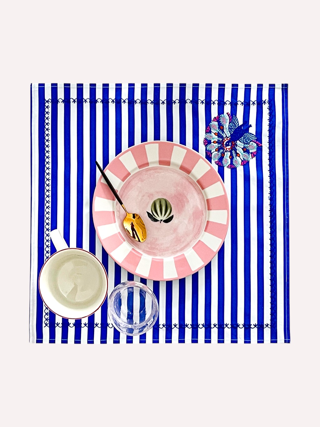 Napkin Blue Stripes Peacock Embroidery