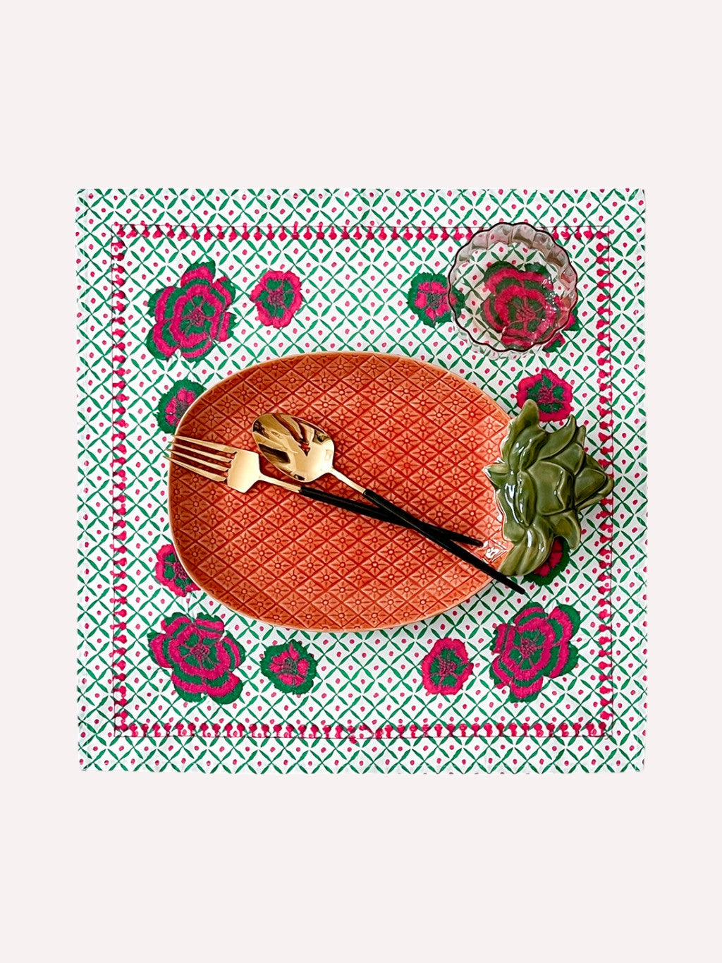 Napkin Dotty Emerald Peony Embroidery