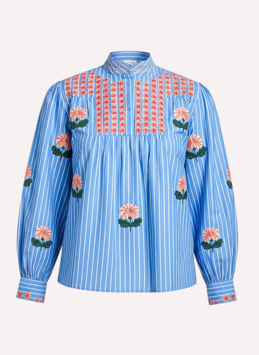 Juniper Berry Blouse Rose Flower Embroidery on Blue Stripes