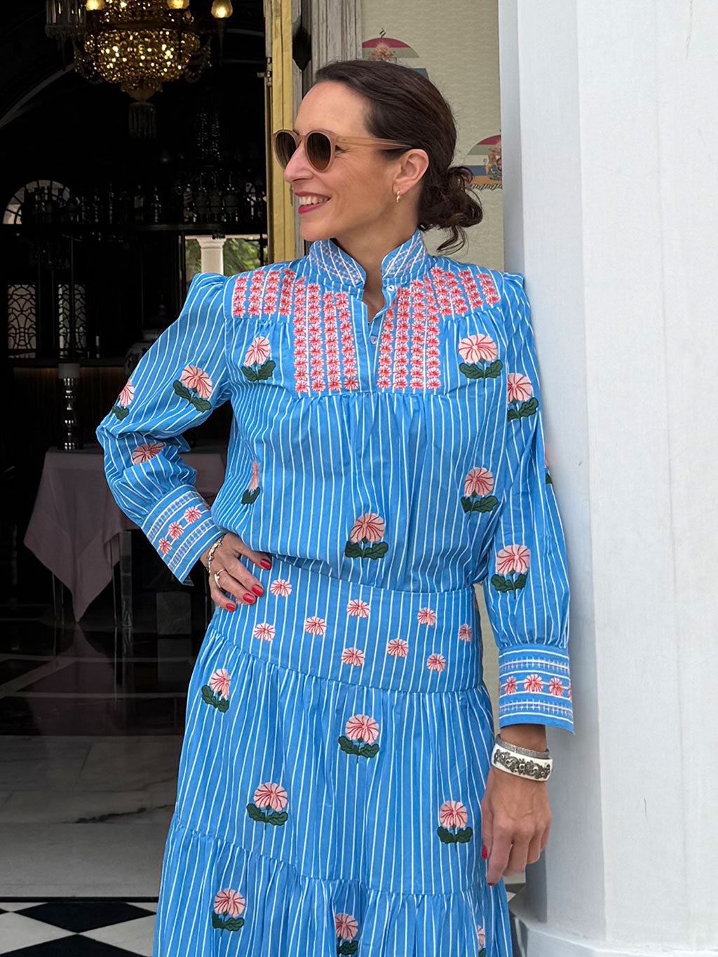 Juniper Berry Blouse Rose Flower Embroidery on Blue Stripes