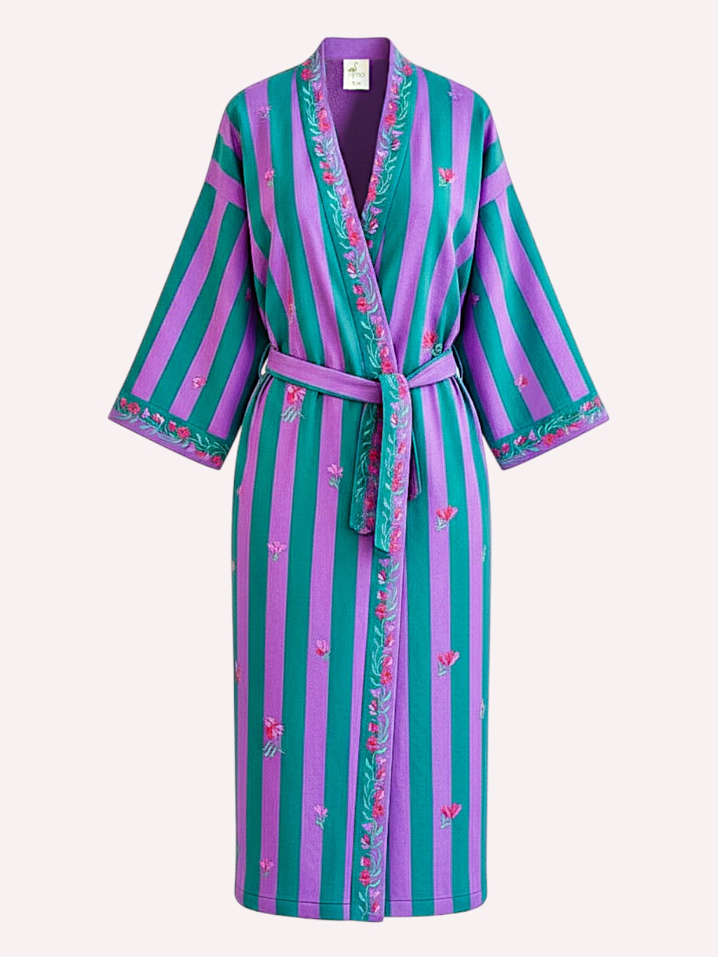 A long luxury Nimo With Love kimono-style robe with vertical purple and teal stripes, decorated with small pink floral motifs and a matching tie belt, shown on a plain light background.
