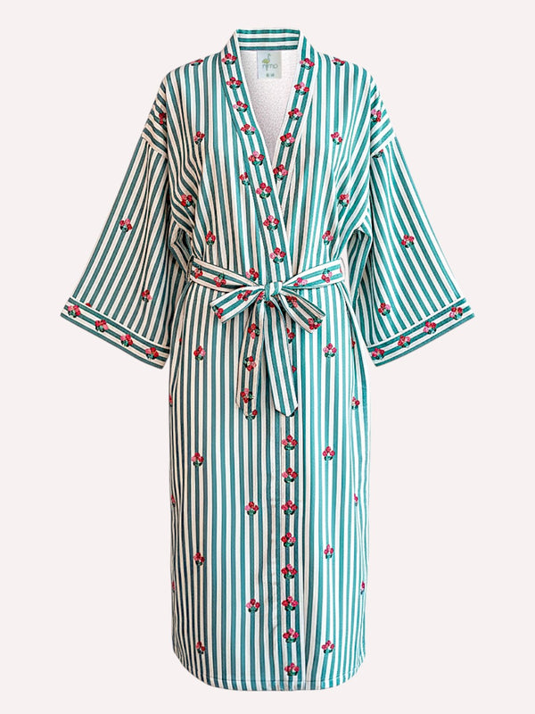 Flowers On Sage Stripes Kimono