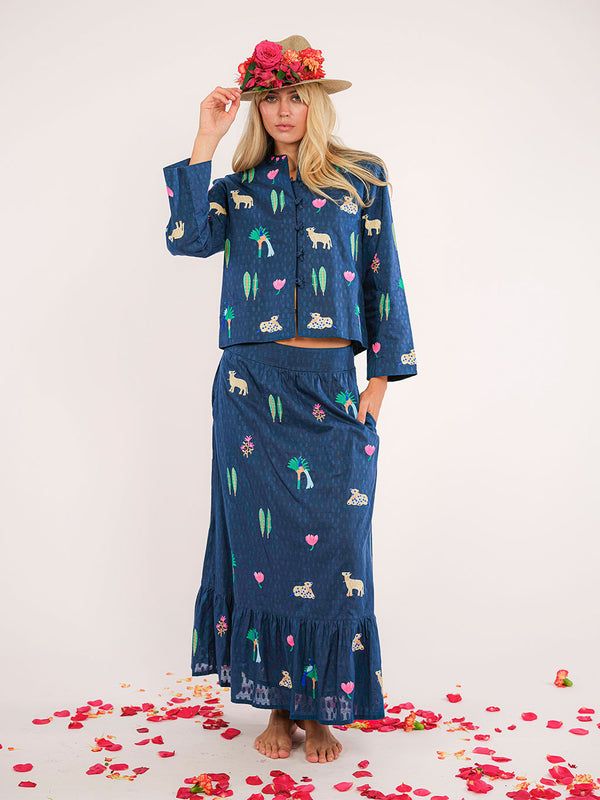 Goldenseal Skirt Little Jungle Embroidery on Navy