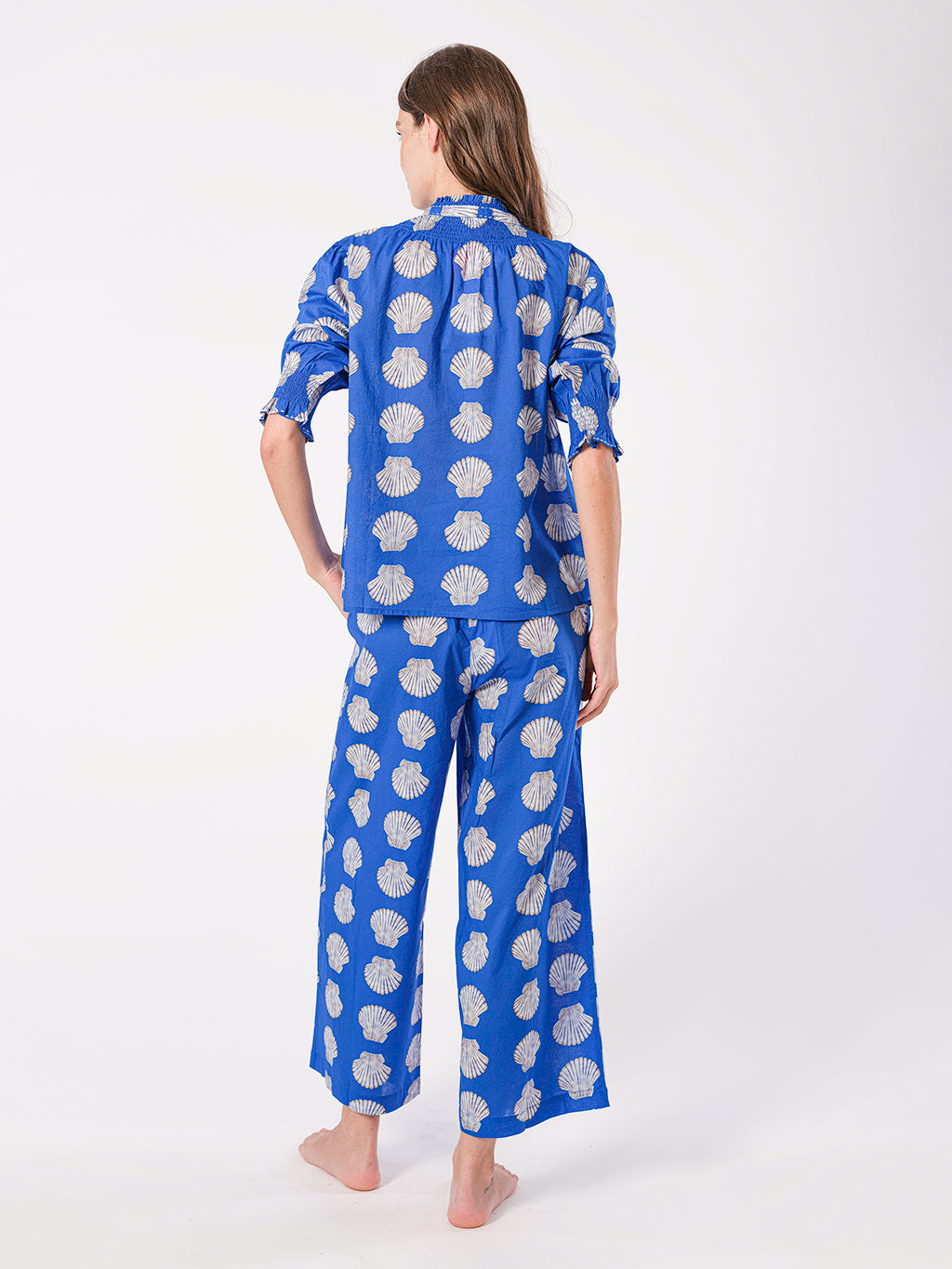 women's cotton top, beach vacation outfit, scallop shell pattern, summer button-up,